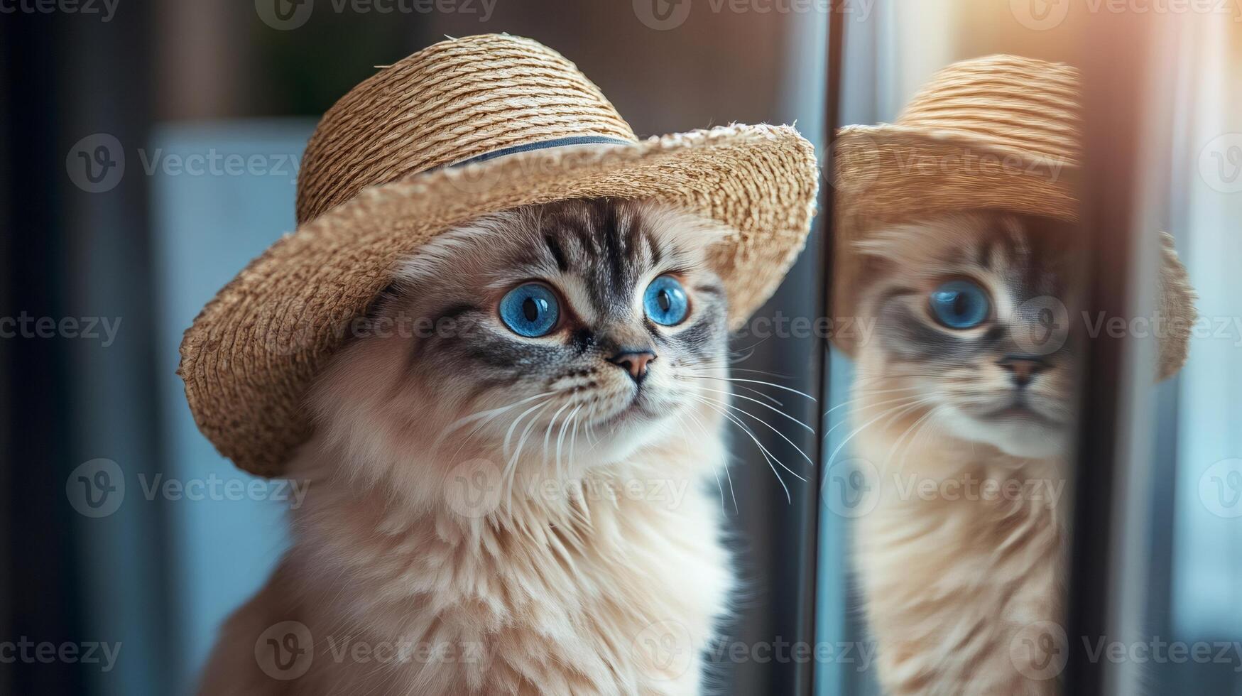 Cute cat wearing straw hat and reflecting in window photo