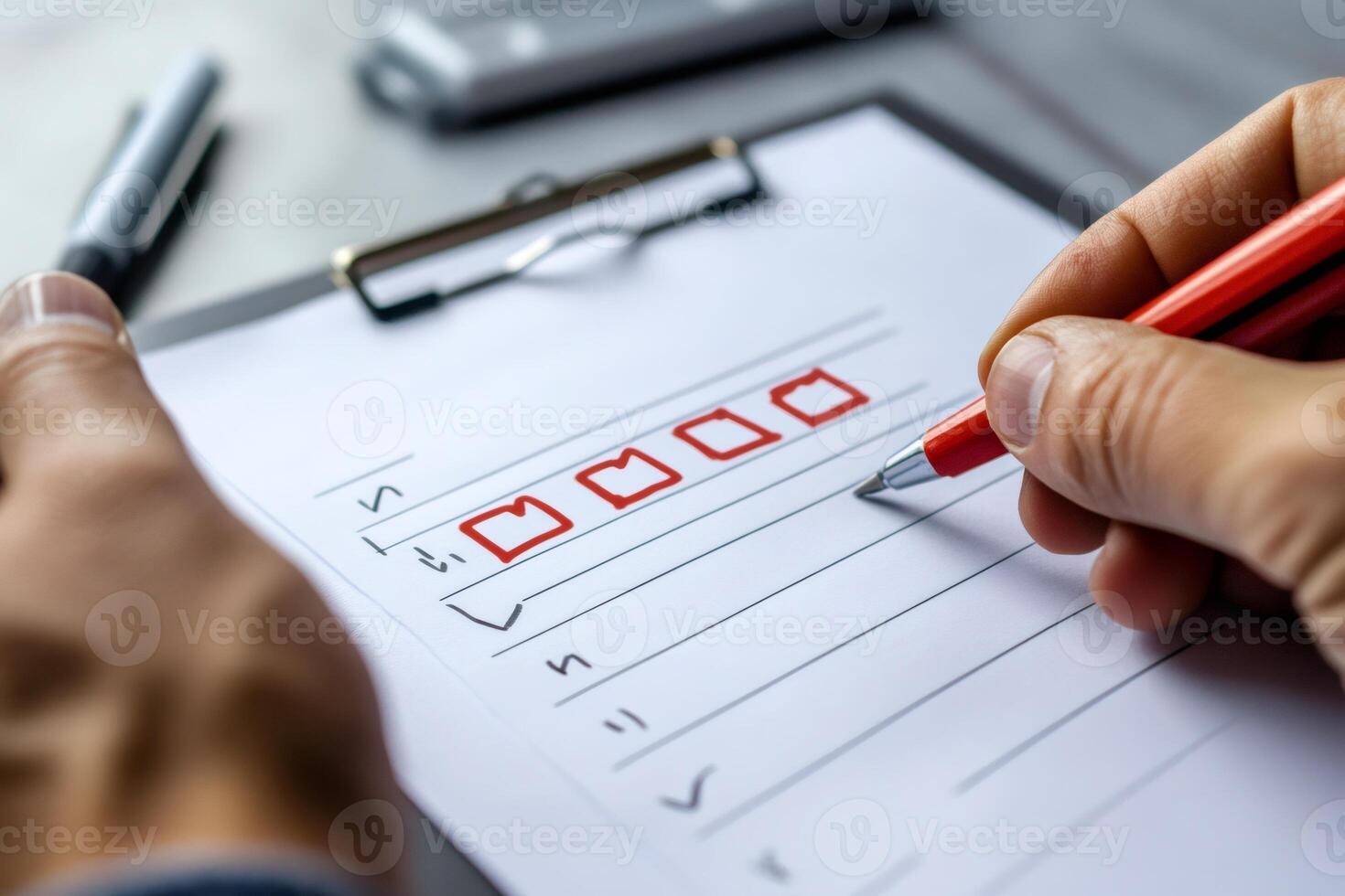 Businessman checking off completed tasks on clipboard checklist with red pen photo