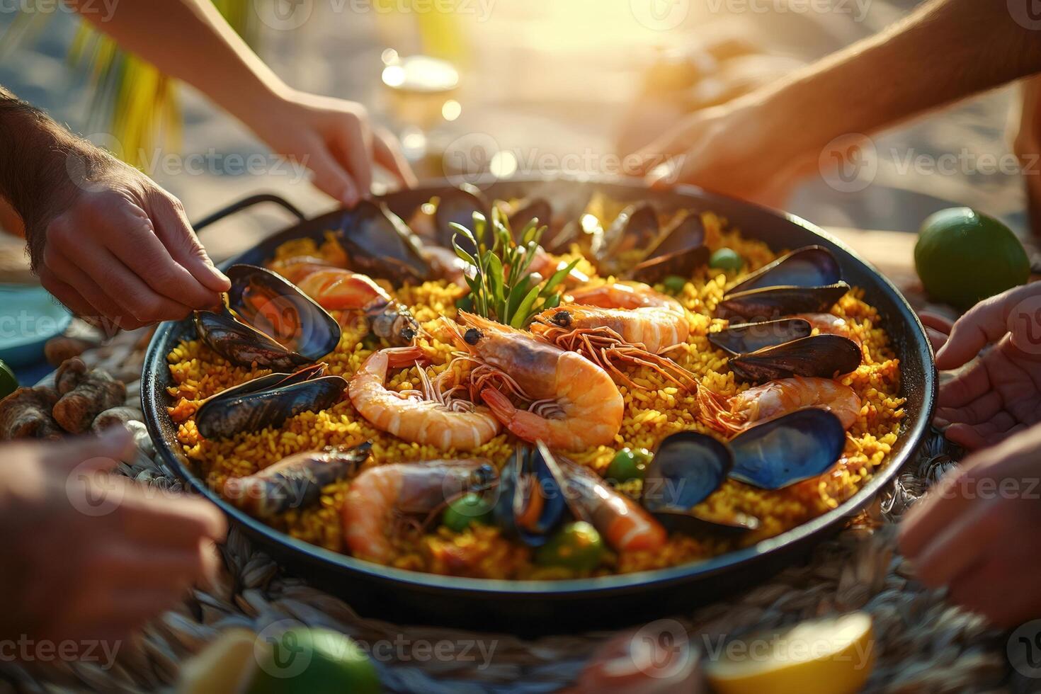 Friends eating paella with shrimps and mussels on the beach at sunset photo