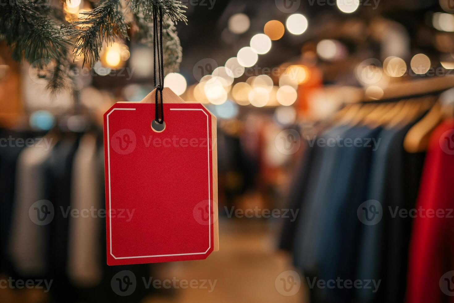 Red christmas sales tag hanging from christmas tree in fashion store photo