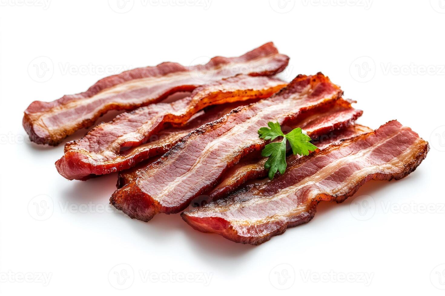 Tasty crispy bacon slices with parsley lying on white background photo