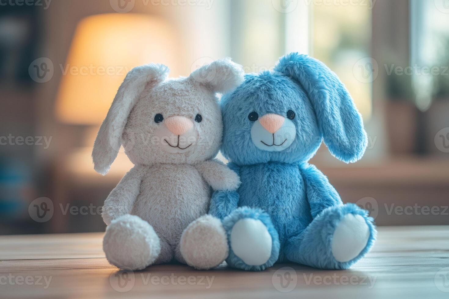 Two plush bunny rabbits sitting on table embodying childhood innocence photo