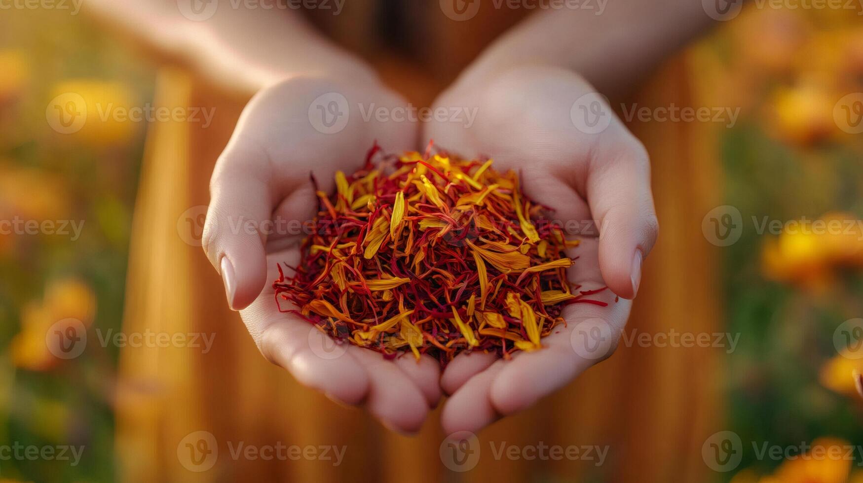 Woman holding dried saffron in open palms in field of flowers photo