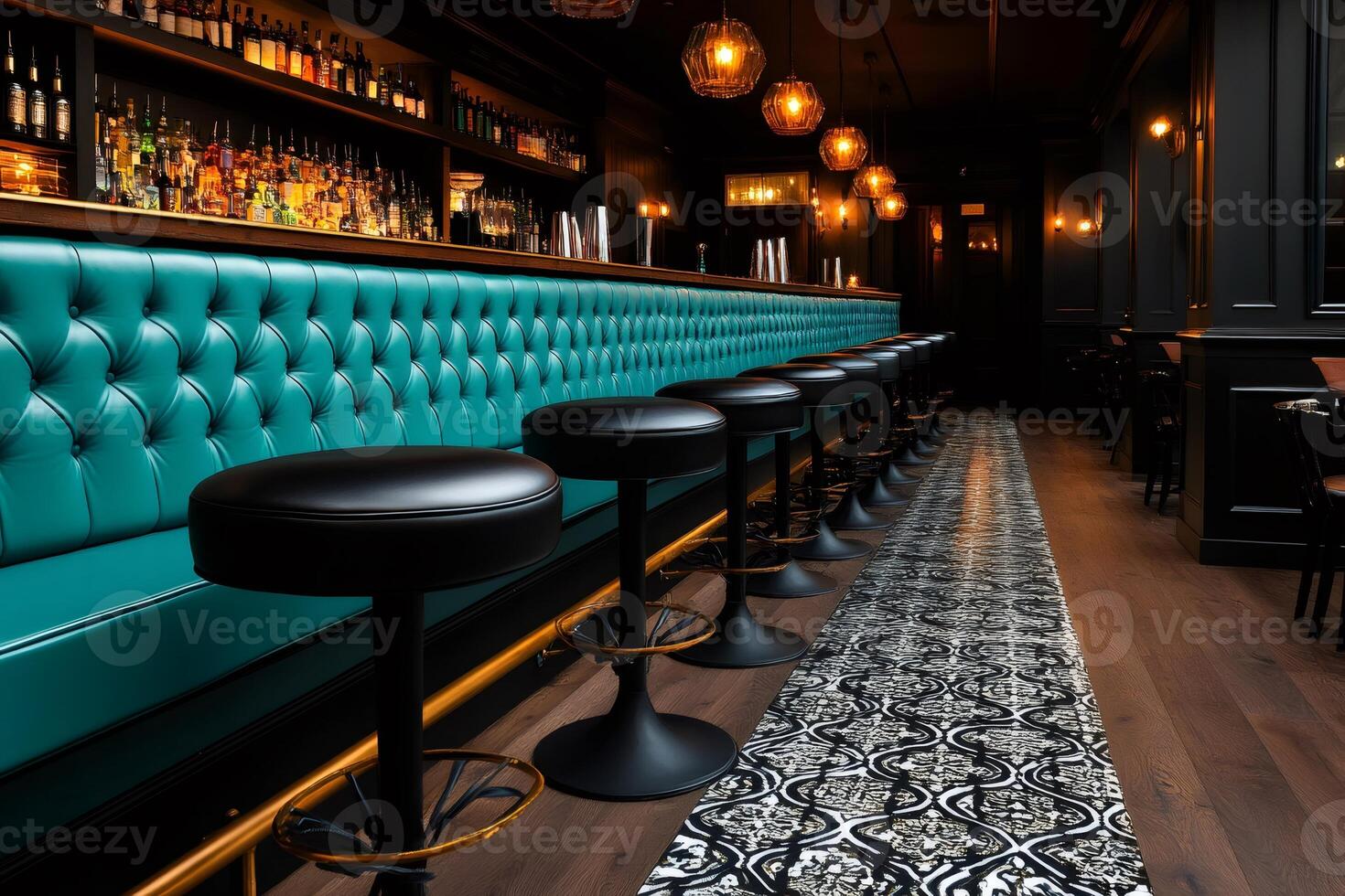 Luxurious teal banquette seating and stools in upscale bar photo