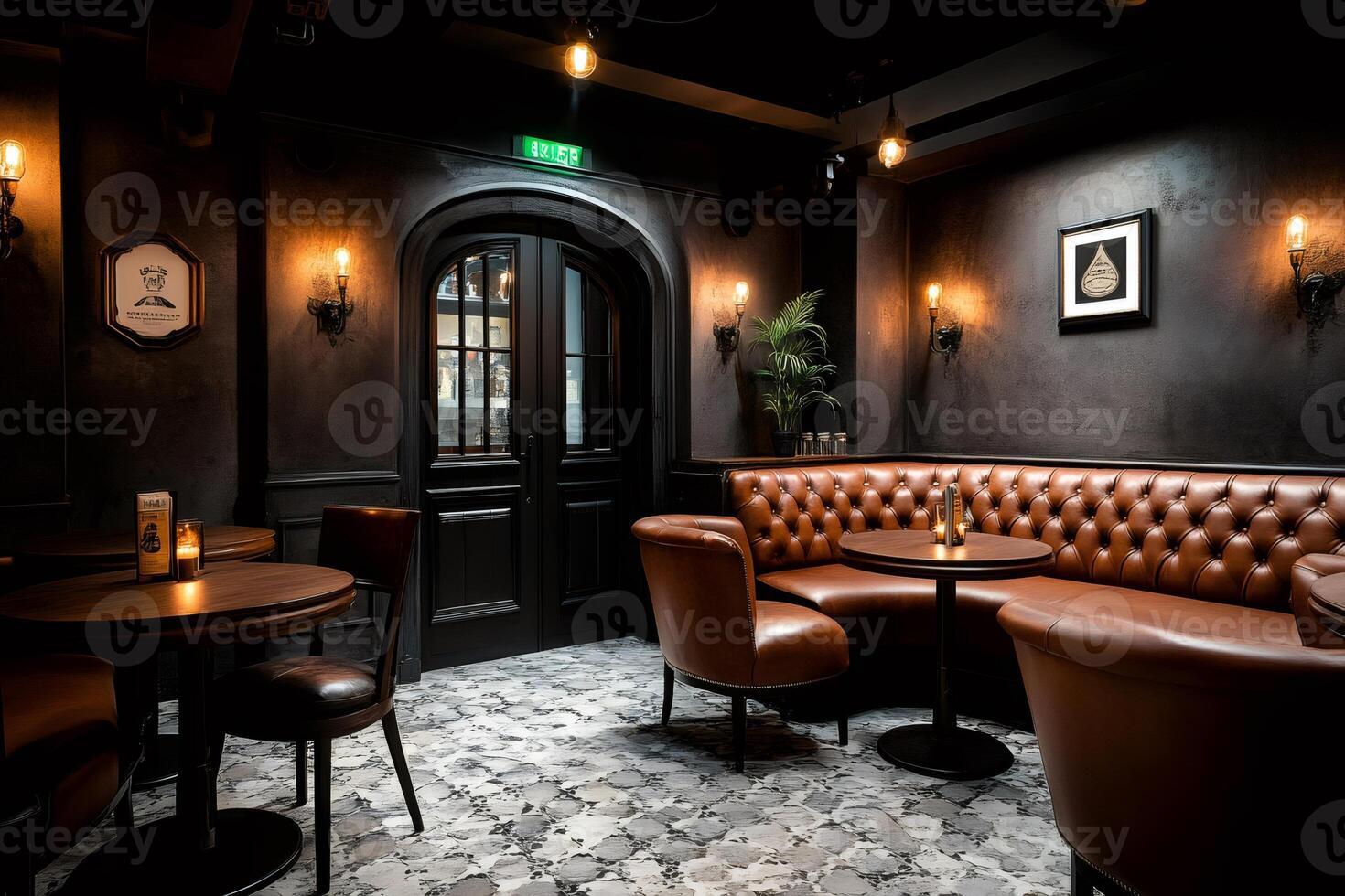 Elegant pub interior design with comfortable leather seating and warm lighting photo
