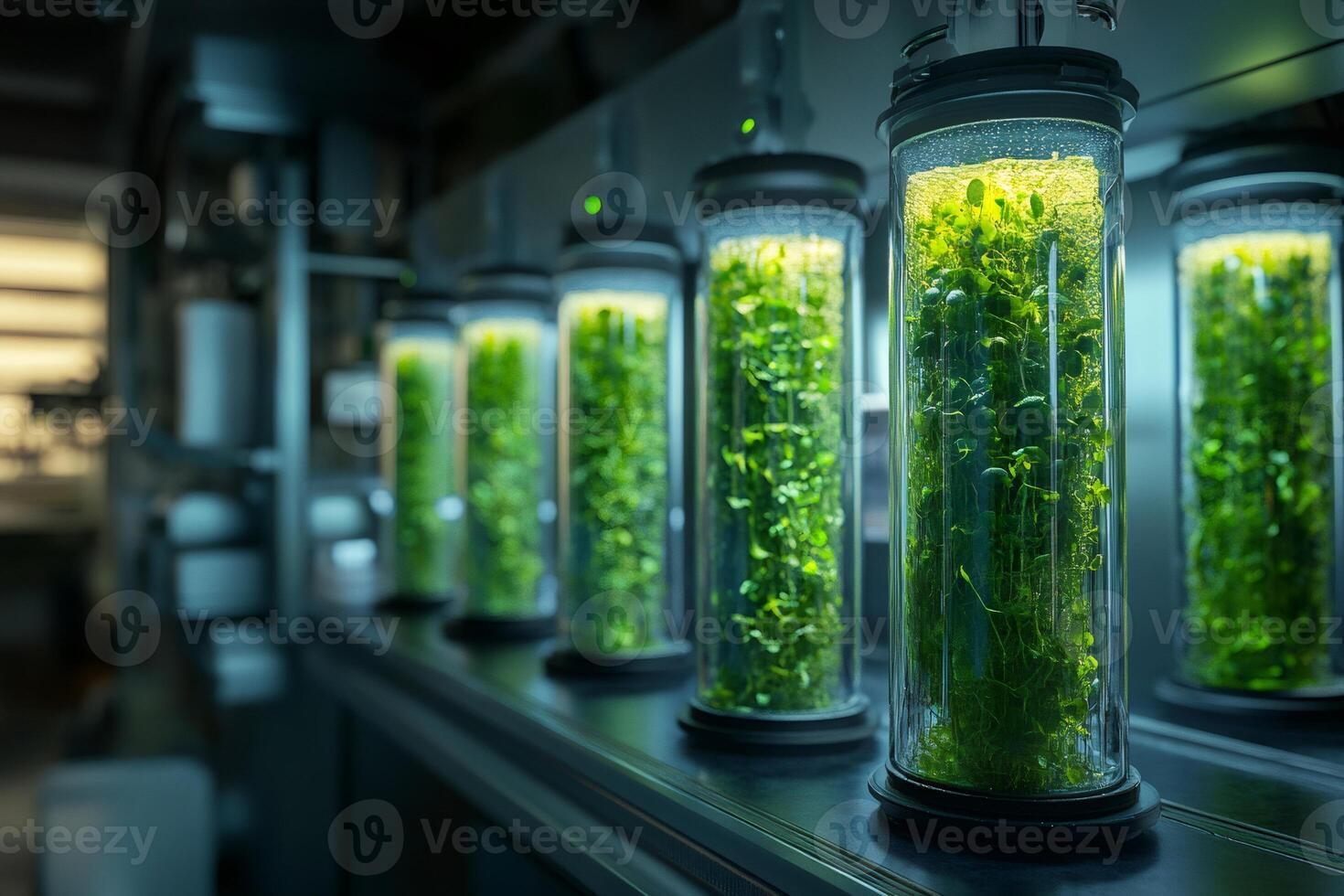 Laboratory growing algae in glass cylinder for scientific experiment photo