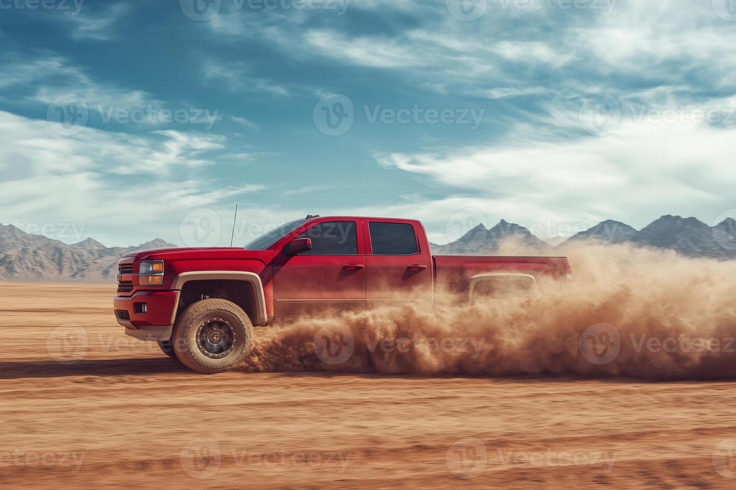 Red pickup truck driving on desert road leaving dust trail photo