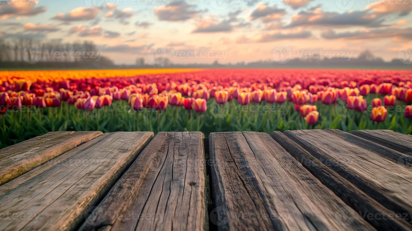 Empty wooden table with colorful tulip field at sunset creating stunning scenery photo