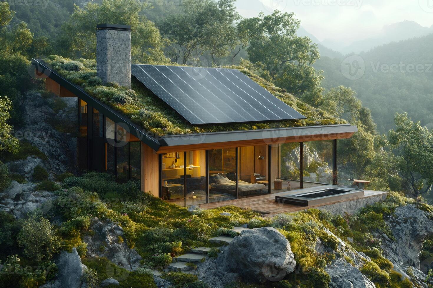 Modern eco house with solar panels and green roof nestled in nature photo