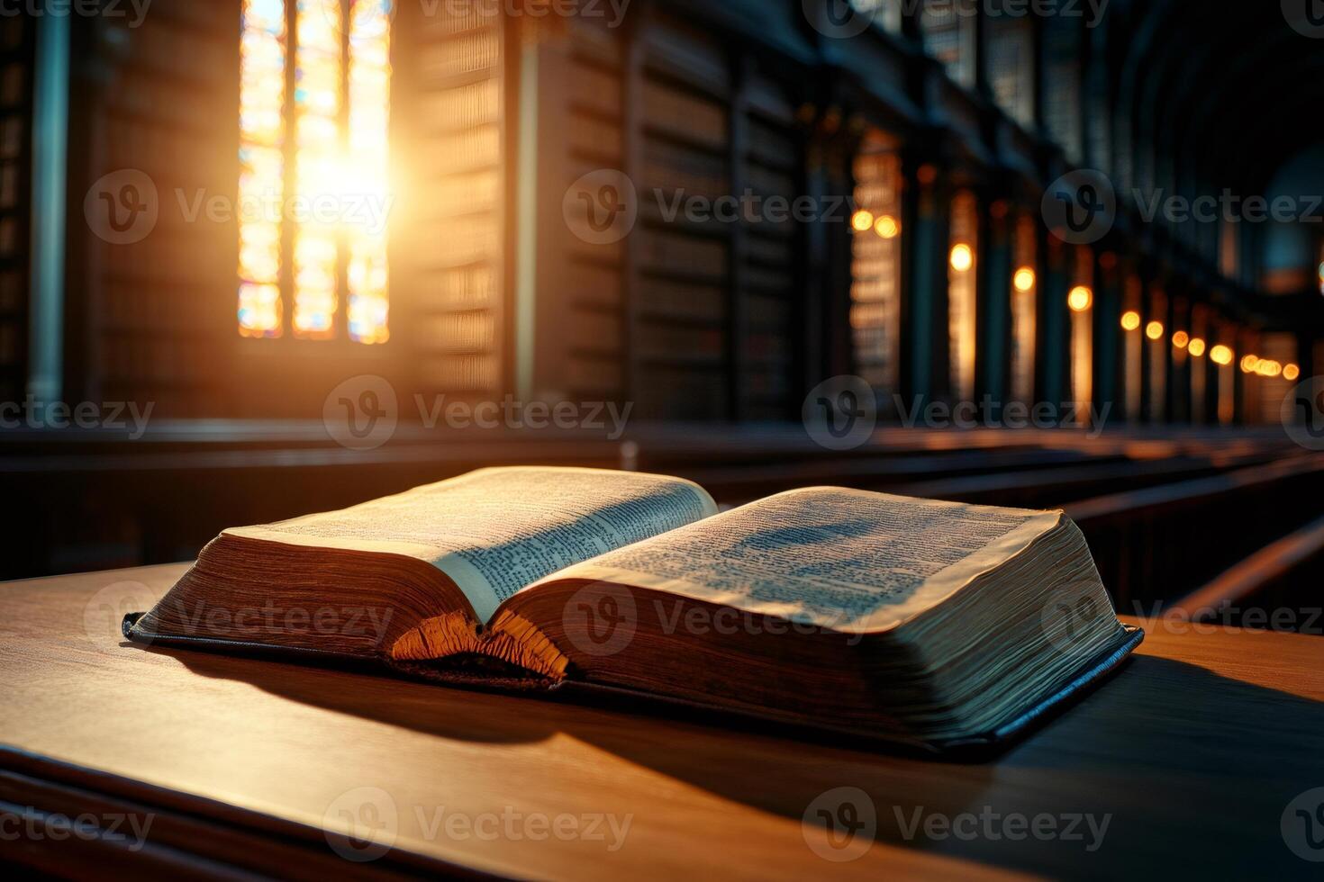 Open holy bible illuminated by sunlight in a church, creating a spiritual atmosphere photo