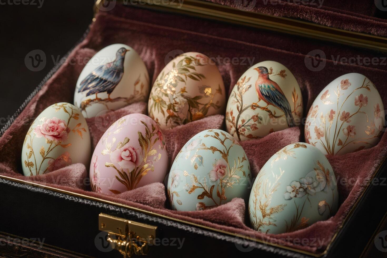 Decorated easter eggs with gold and floral motifs resting in velvet lined box photo