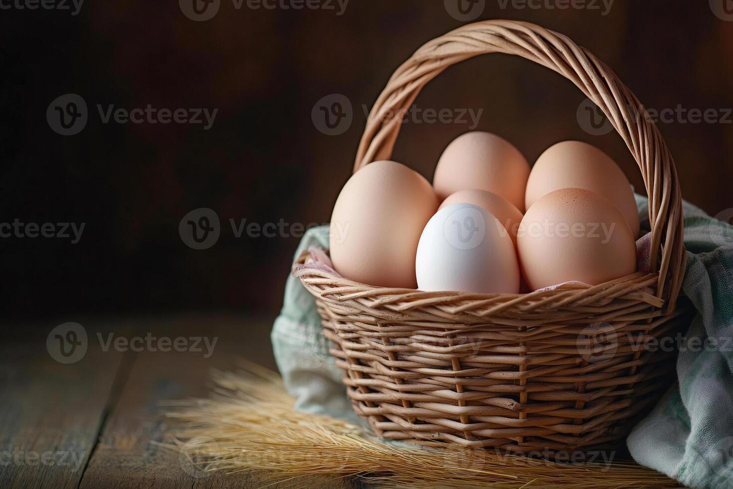Wicker basket brimming with fresh eggs and wheat on rustic wooden table photo