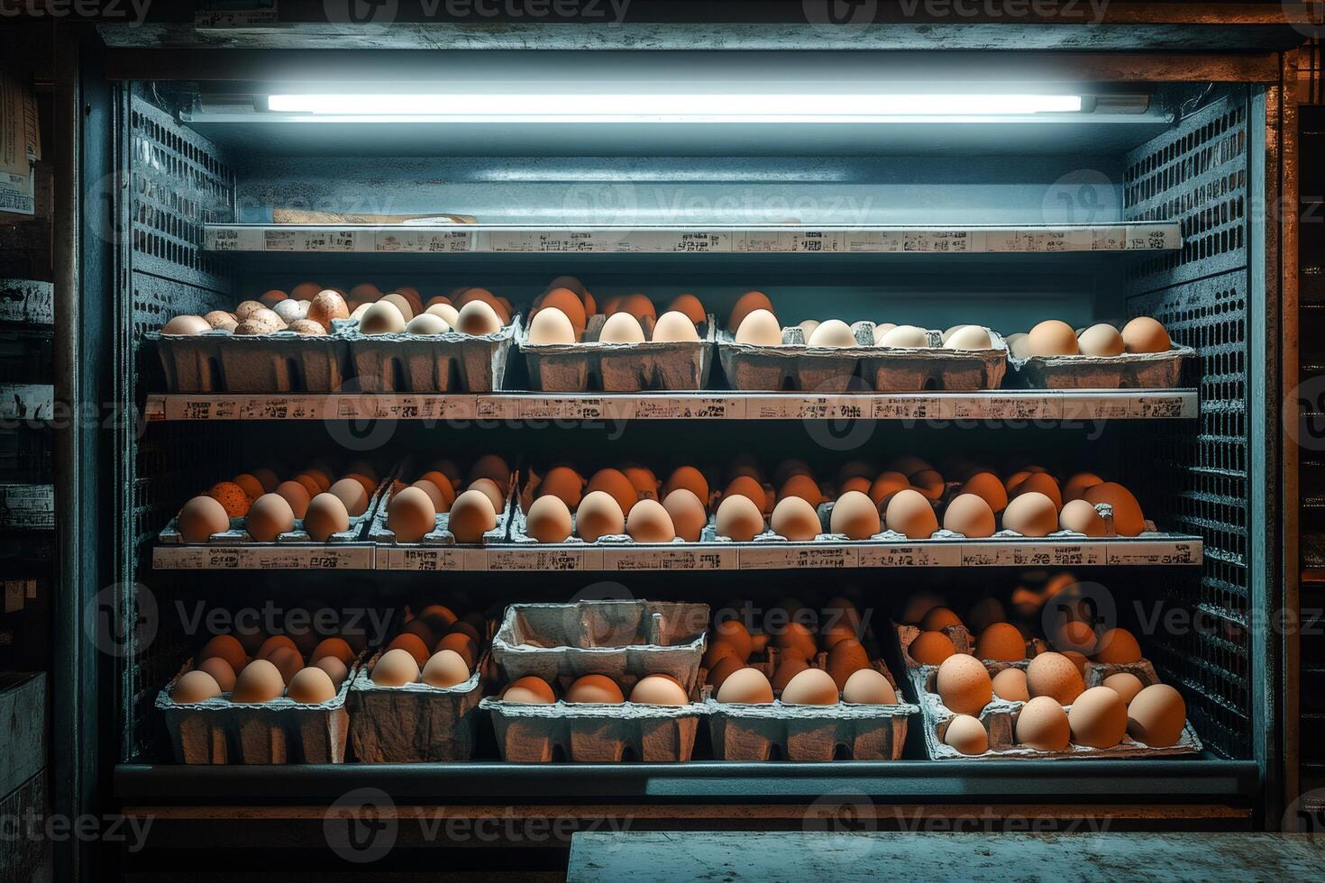 Refrigerated display case fully stocked with fresh chicken eggs in cardboard containers photo