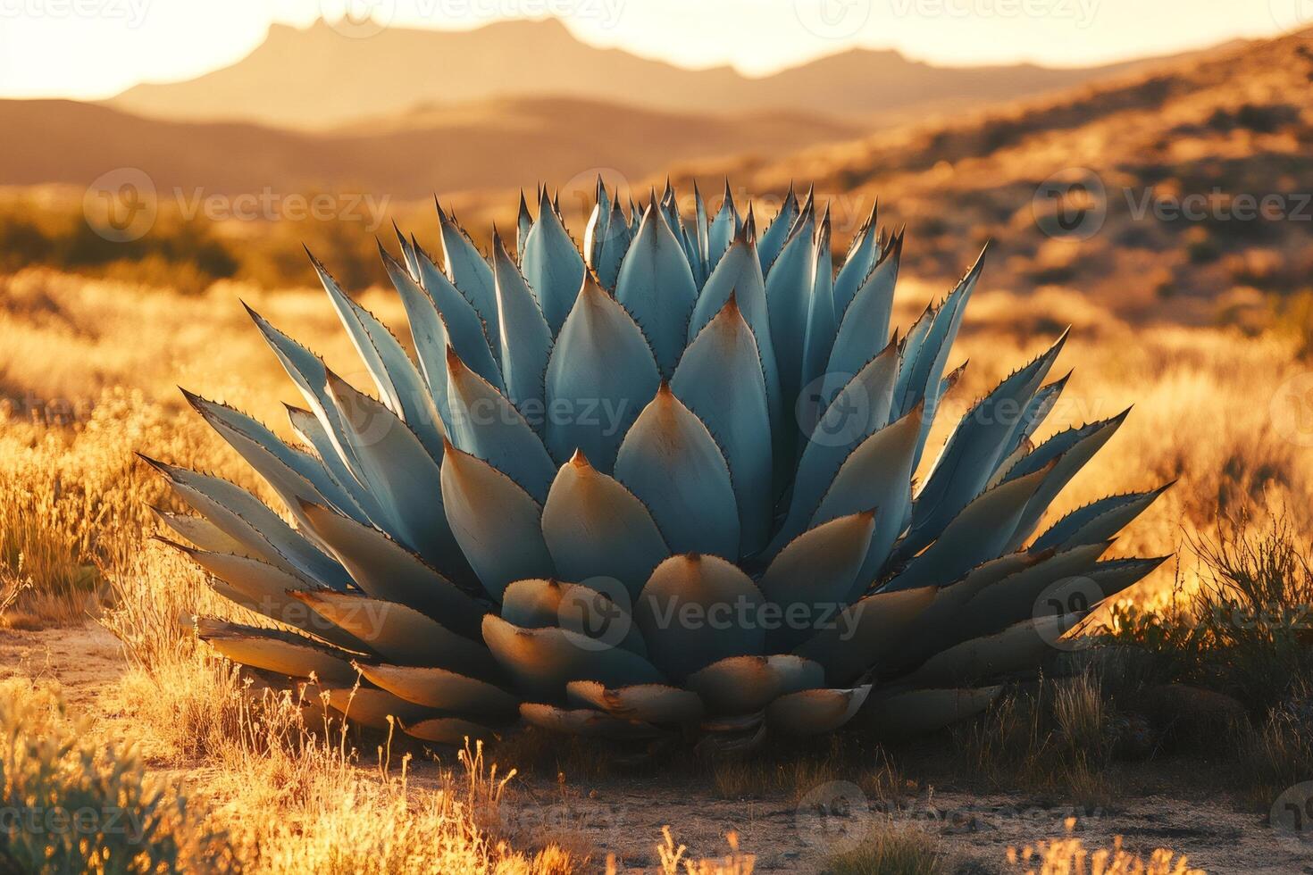 Large agave americana plant growing in dry desert landscape at sunset photo