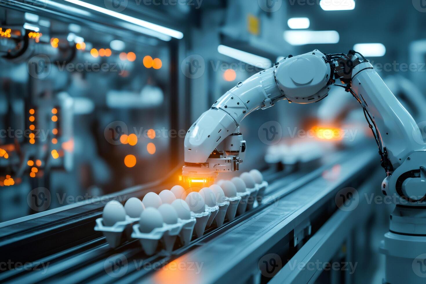 Robotic arm processing eggs in automated food production facility photo