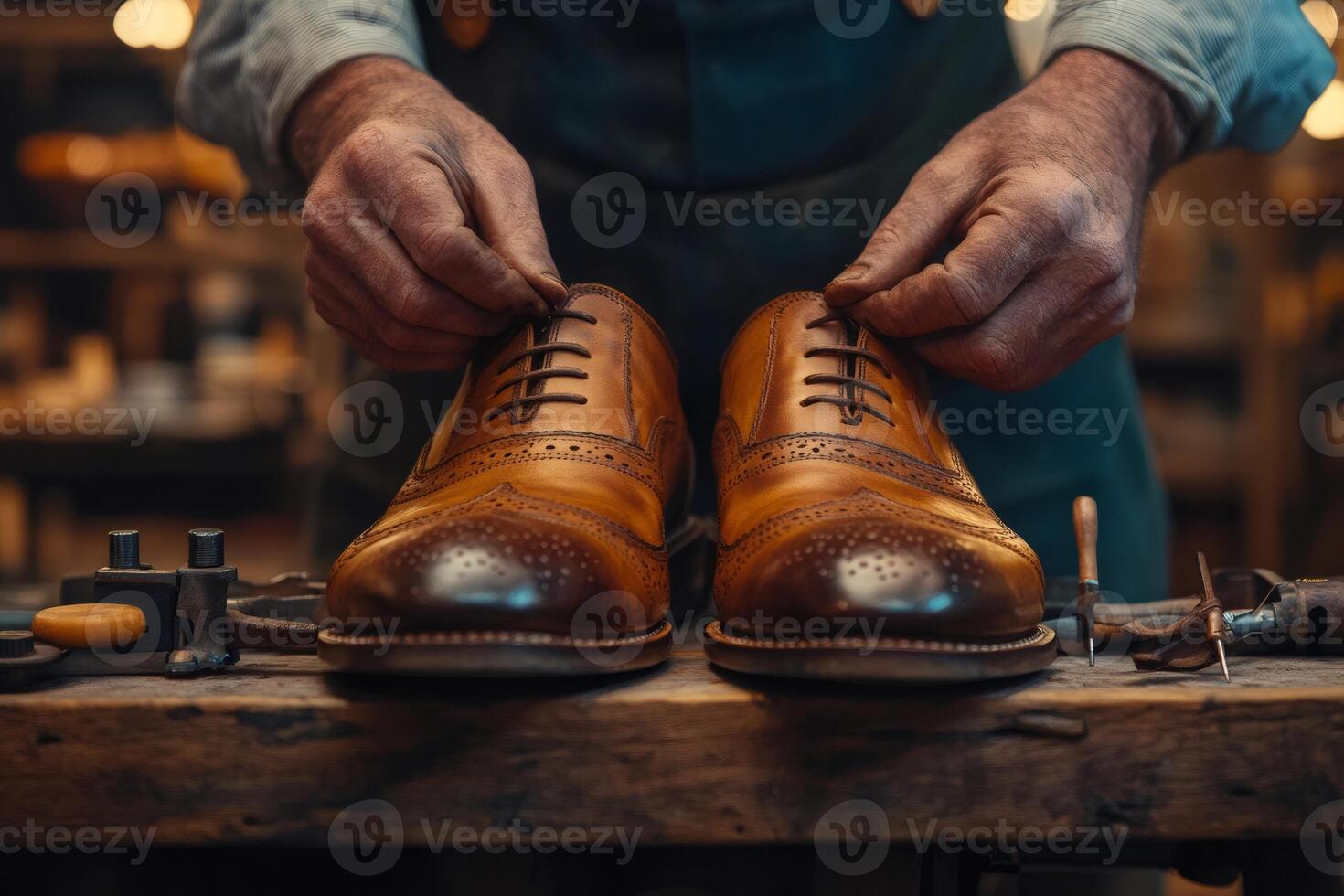 Shoemaker lacing elegant brogue shoes in workshop photo