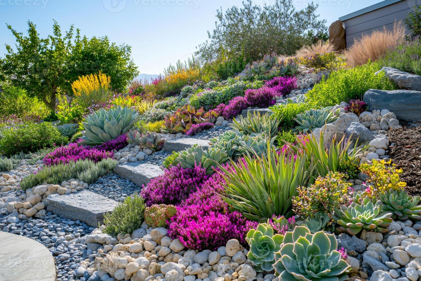 hermosa sequía tolerante paisajismo con suculentas, áloe y Roca pasos foto