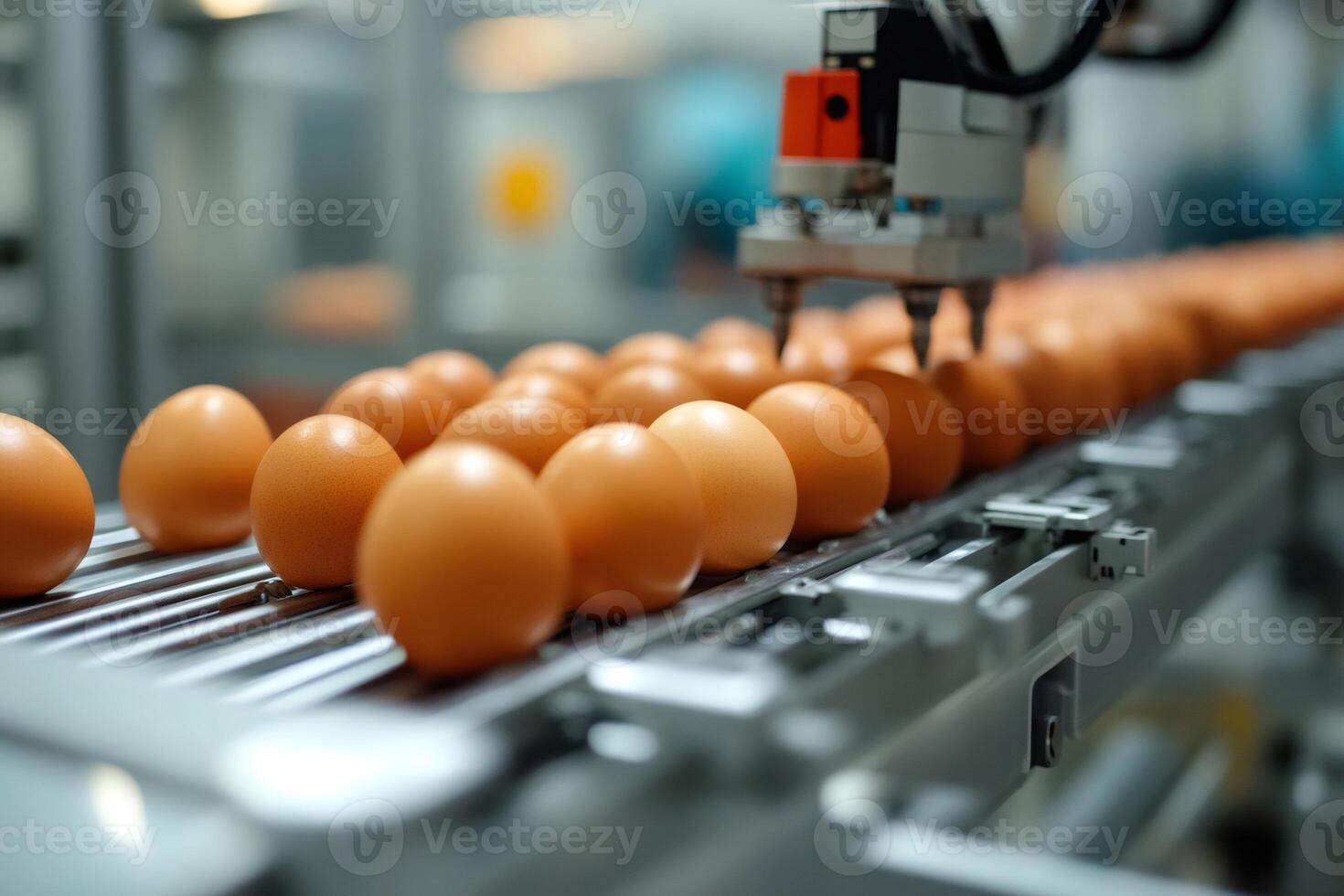 Robotic arm handling eggs on conveyor belt in food processing plant photo
