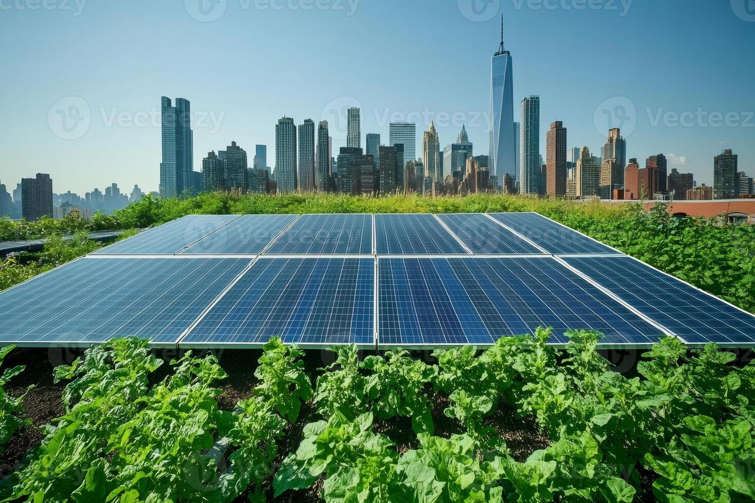 Solar panels generating renewable energy on urban rooftop farm in new york city with one world trade center photo