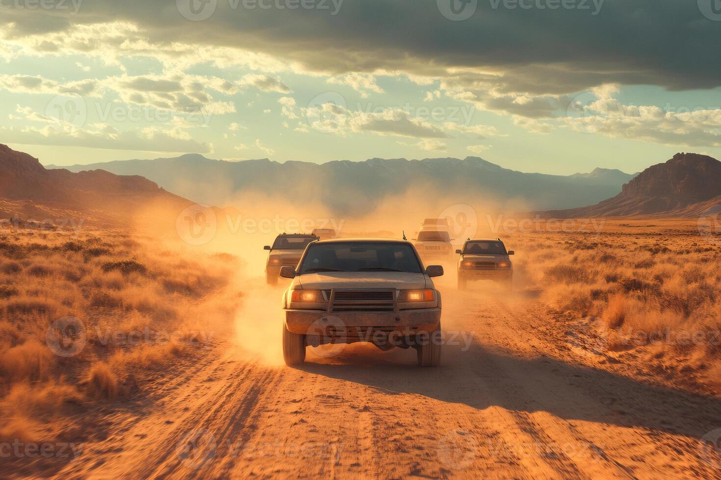 Off road vehicles driving on dusty road at sunset in the desert photo