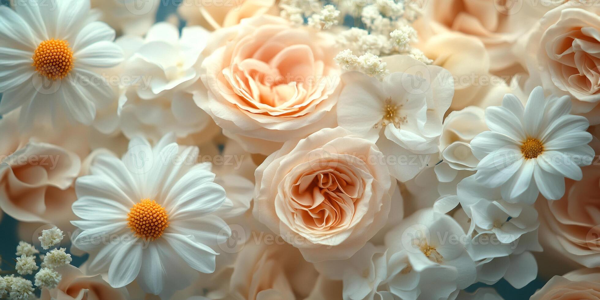 Peach roses and white daisies creating stunning floral arrangement photo