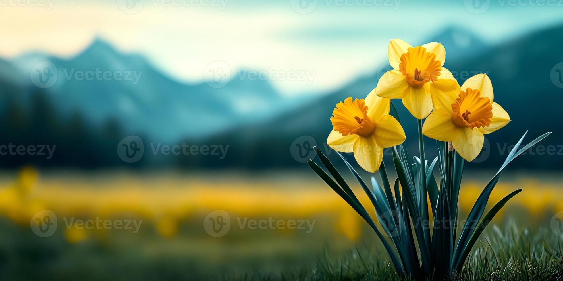 Yellow daffodils blooming in spring mountain meadow photo