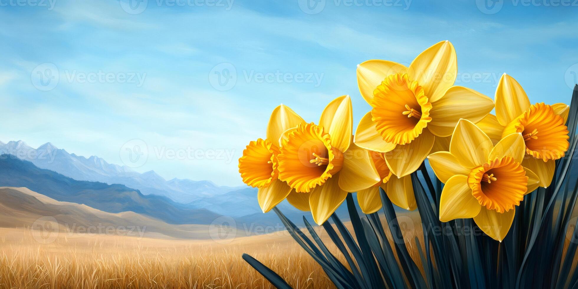 Daffodils blooming in spring meadow with mountain landscape photo