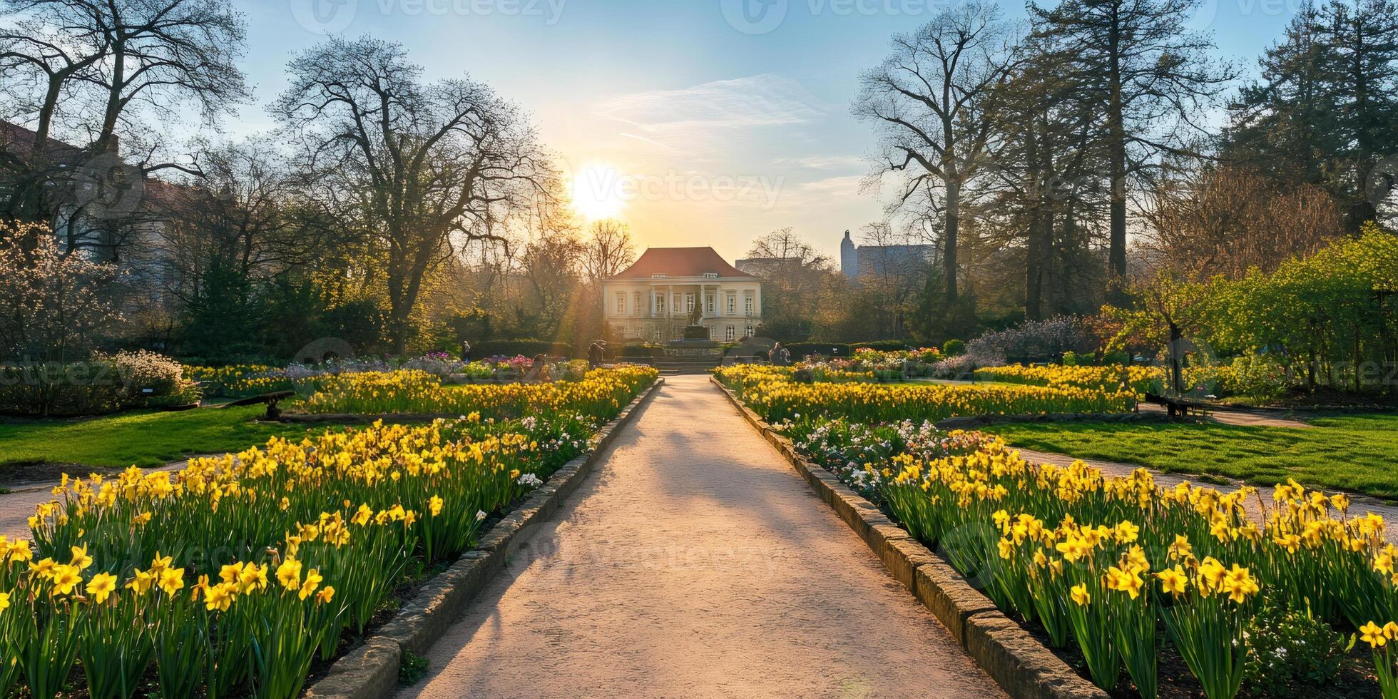 Yellow daffodils blooming in a botanical garden during a beautiful spring sunset photo