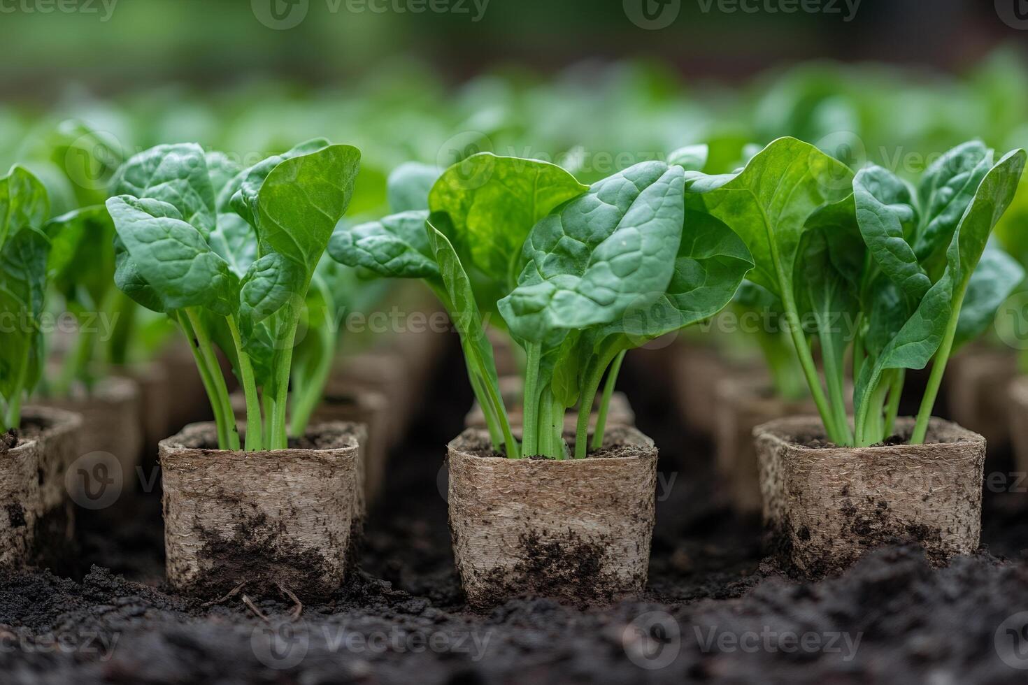 Farmer growing spinach seedlings in biodegradable pots, sustainable agriculture practices photo