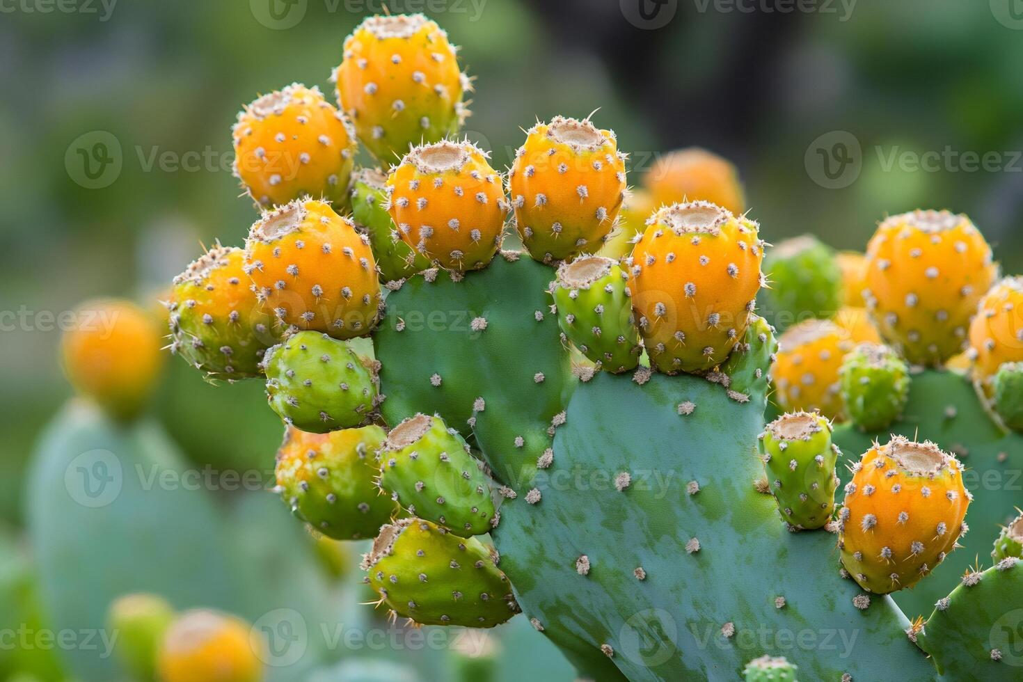 Ripe prickly pears growing on cactus in the desert photo