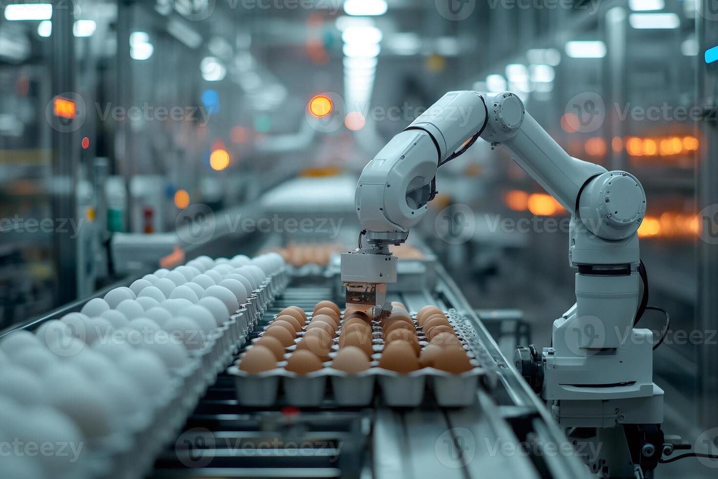 Robotic arm processing eggs in modern food processing plant photo