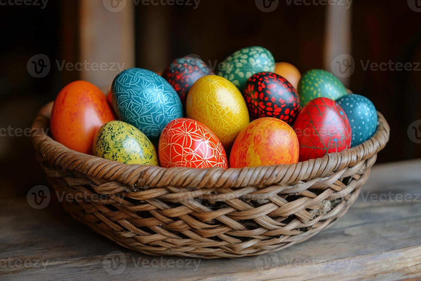 Colorful easter eggs resting in a wicker basket on rustic wooden surface photo