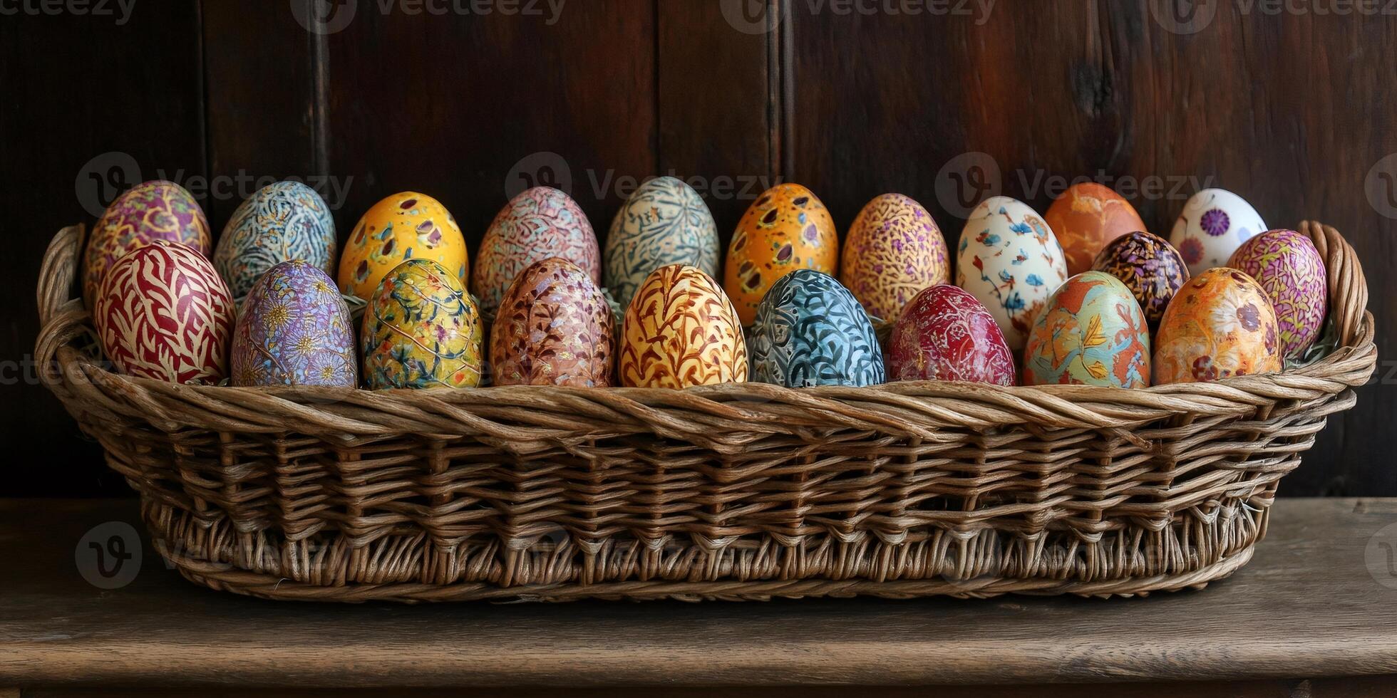 Colorful decorated easter eggs nestling in wicker basket on rustic wooden table photo