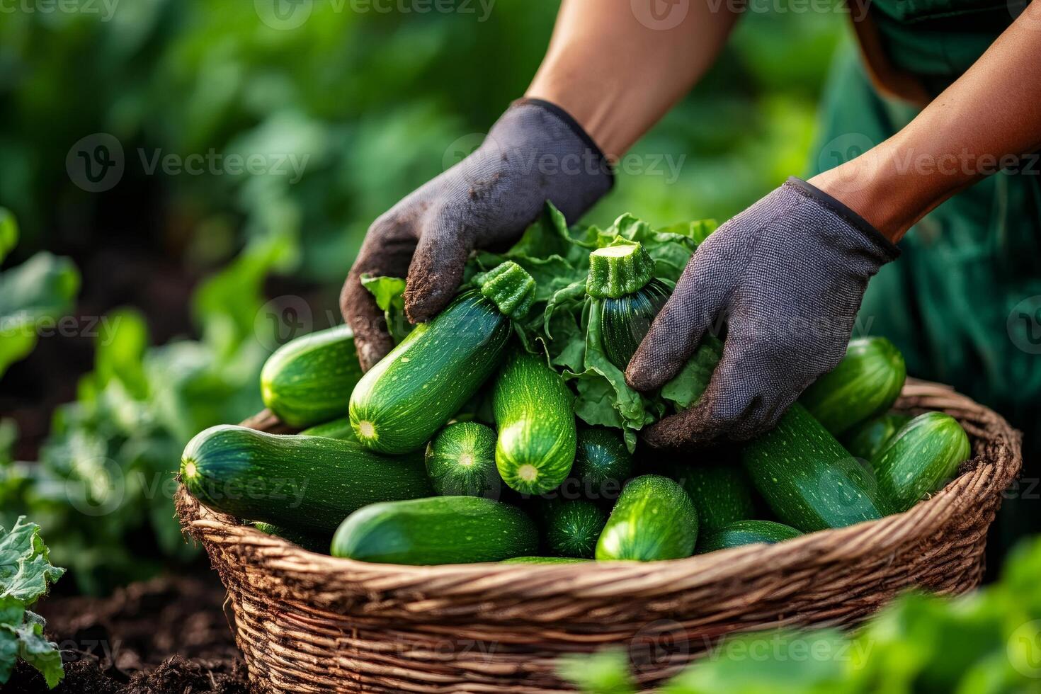 Farmer harvesting fresh zucchini in a wicker basket on a sunny day photo