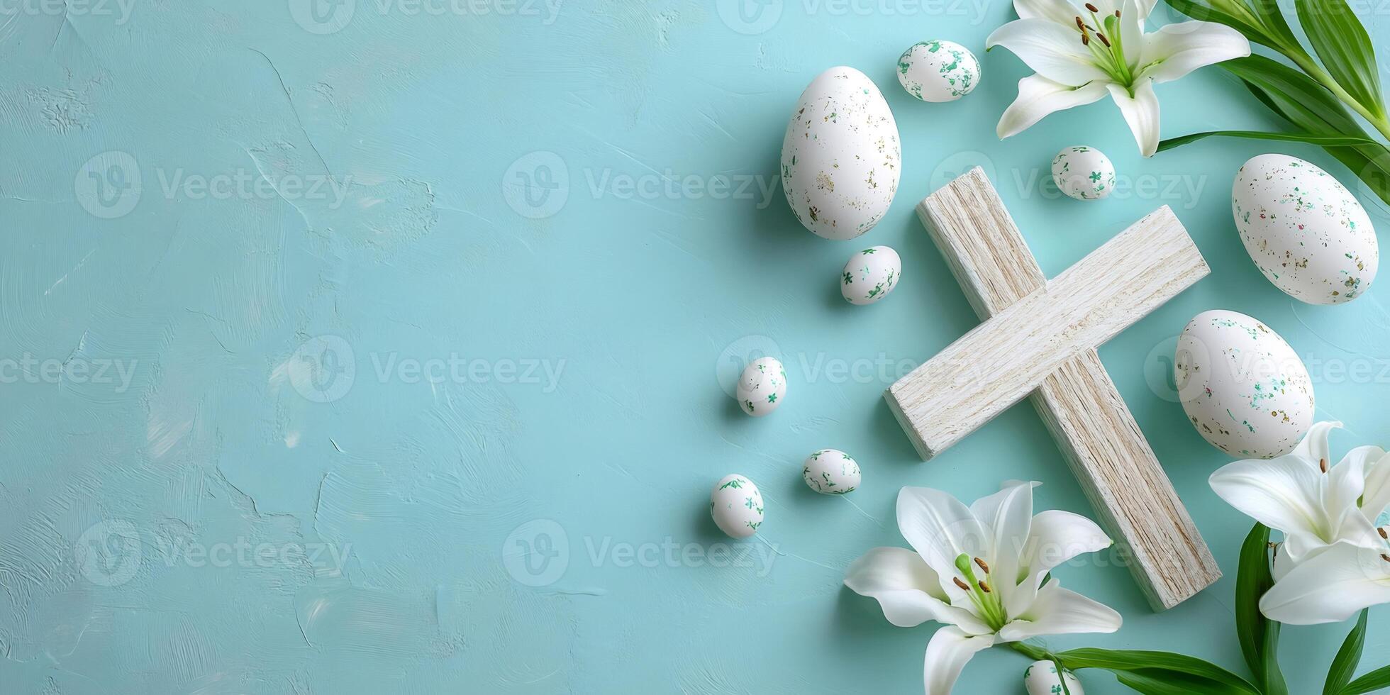 Easter eggs and wooden cross decorated with white lilies on turquoise background photo