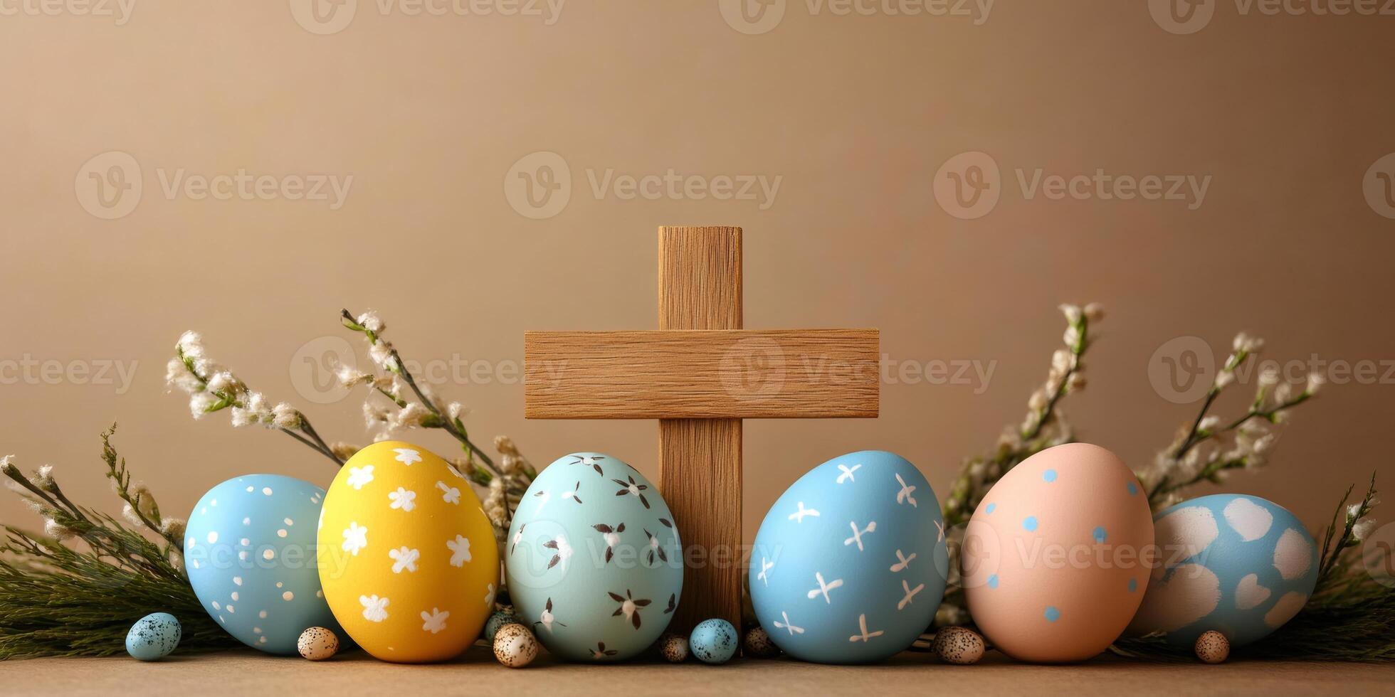 Easter eggs with wooden cross and willow branches celebrating resurrection photo