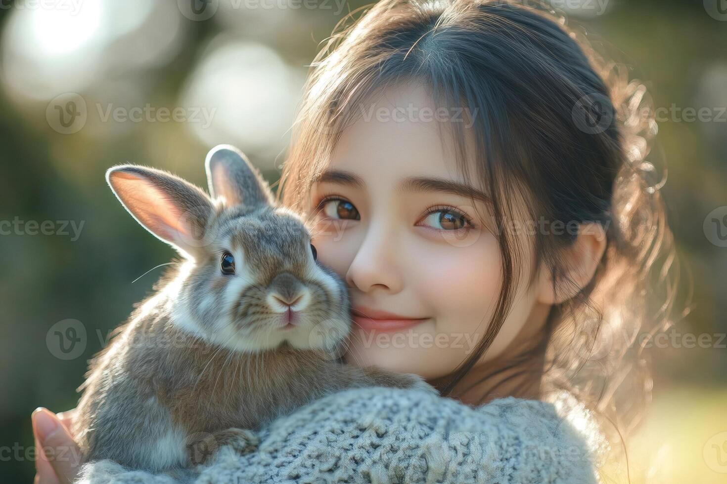 Happy smiling girl holding and hugging a cute bunny rabbit photo