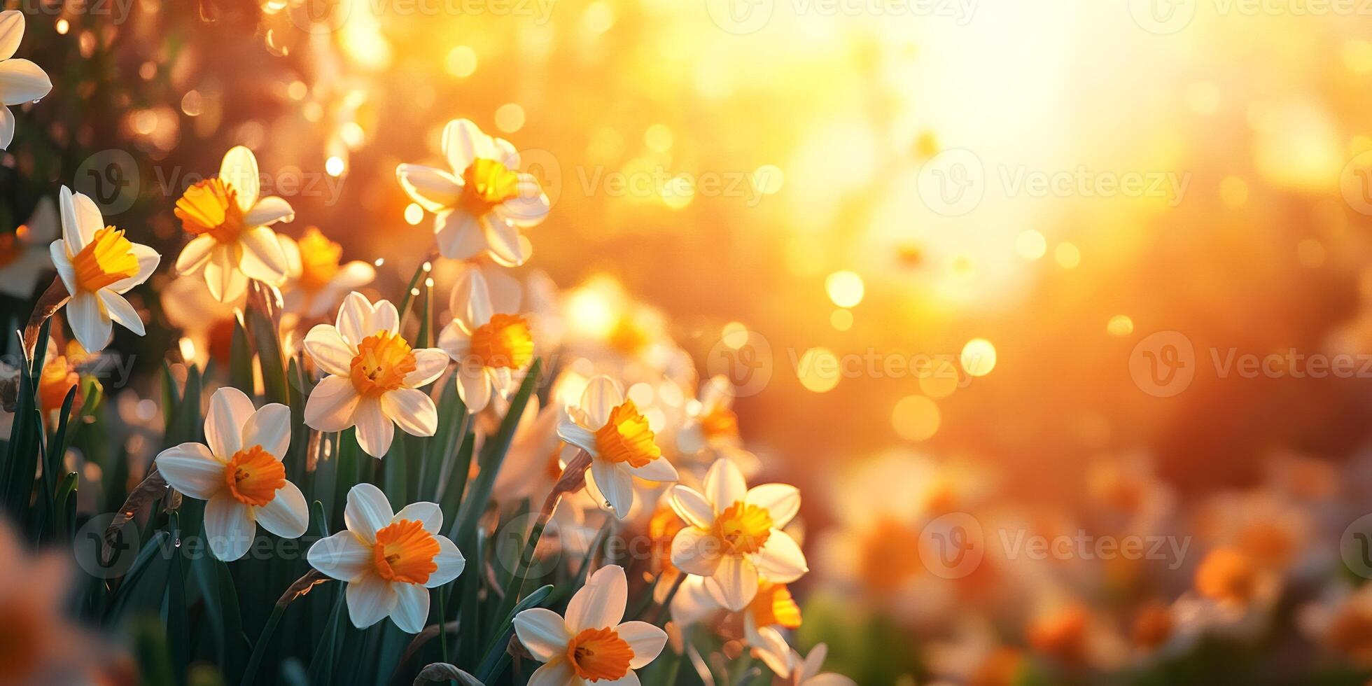 White and orange daffodils blooming in spring sunlight.. photo