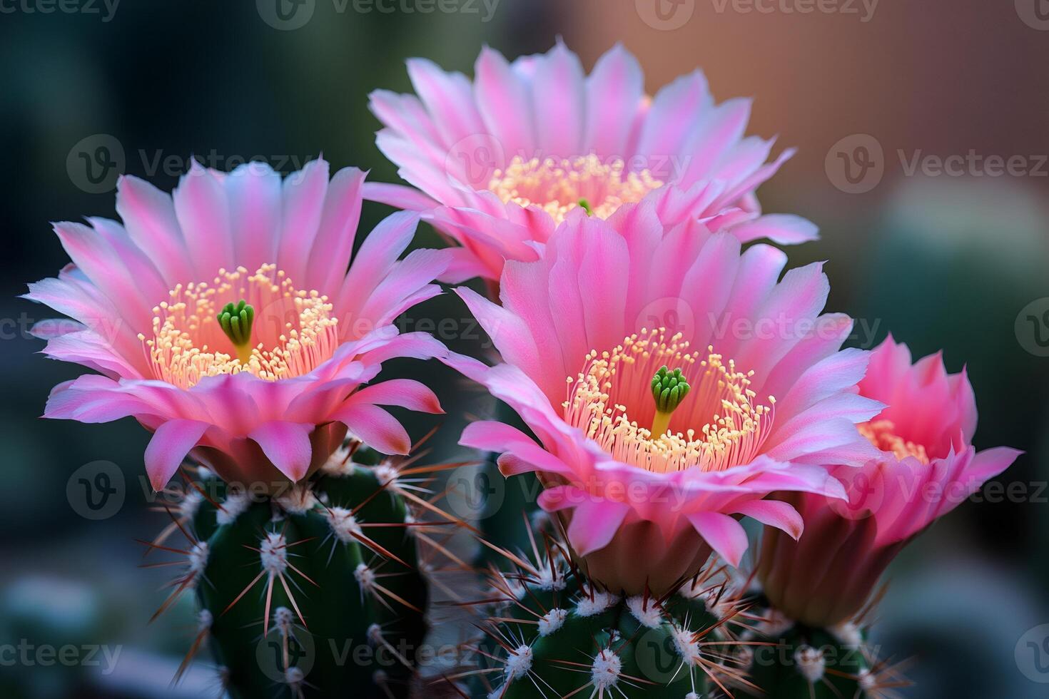 Pink cactus flowers blooming in close up view photo