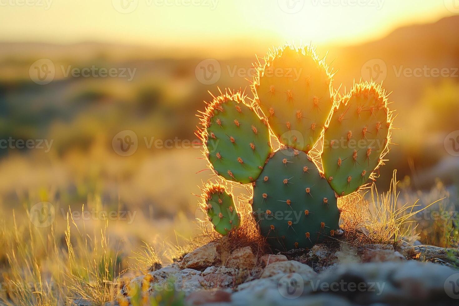 Prickly pear cactus growing in desert landscape at sunset. .. photo