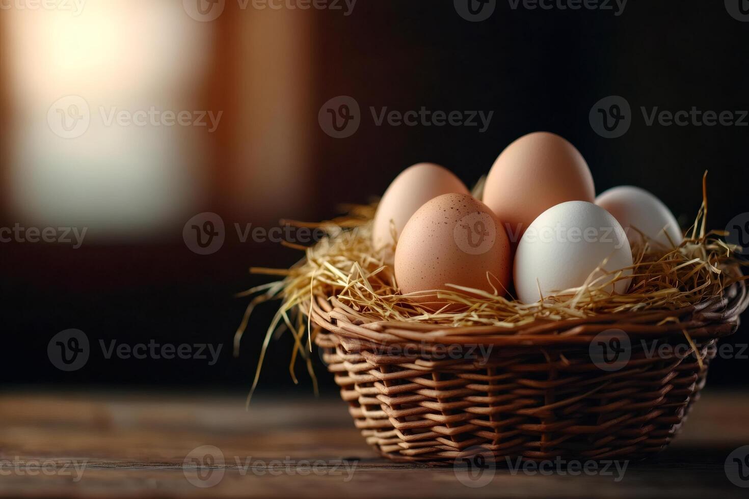 Fresh organic eggs resting in a basket of straw photo