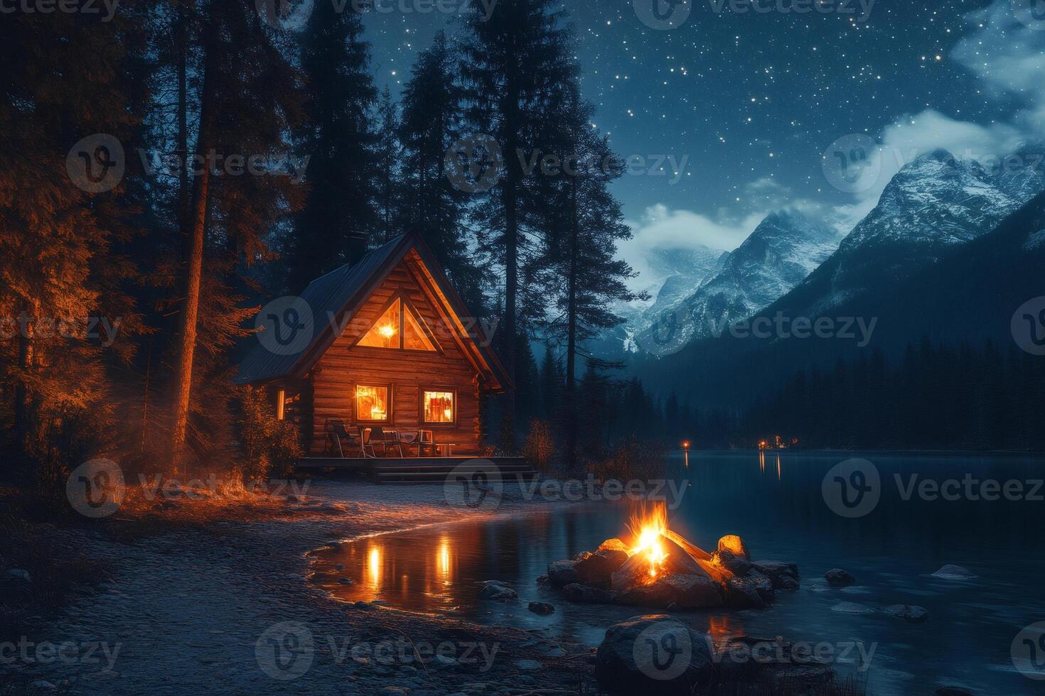 Cozy wooden cabin illuminating the night by the lake with bonfire and starry sky photo