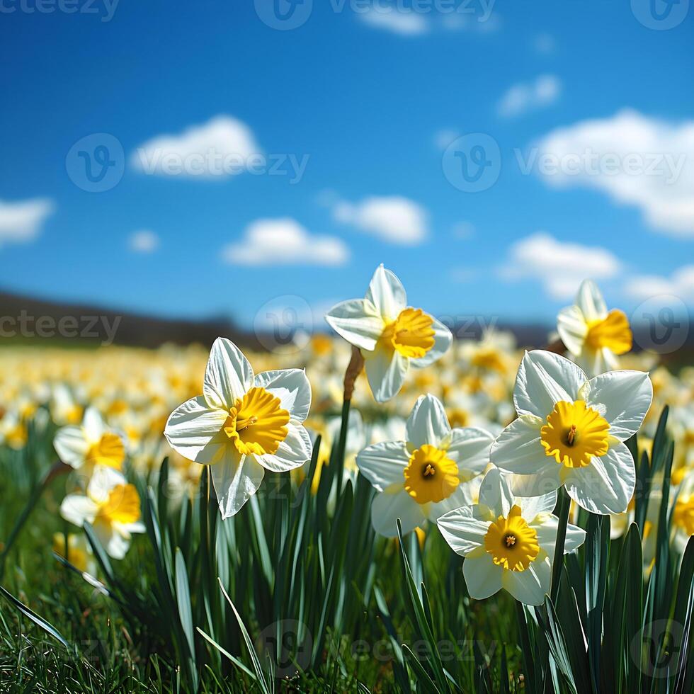 White and yellow daffodils blooming in spring field under blue sky photo