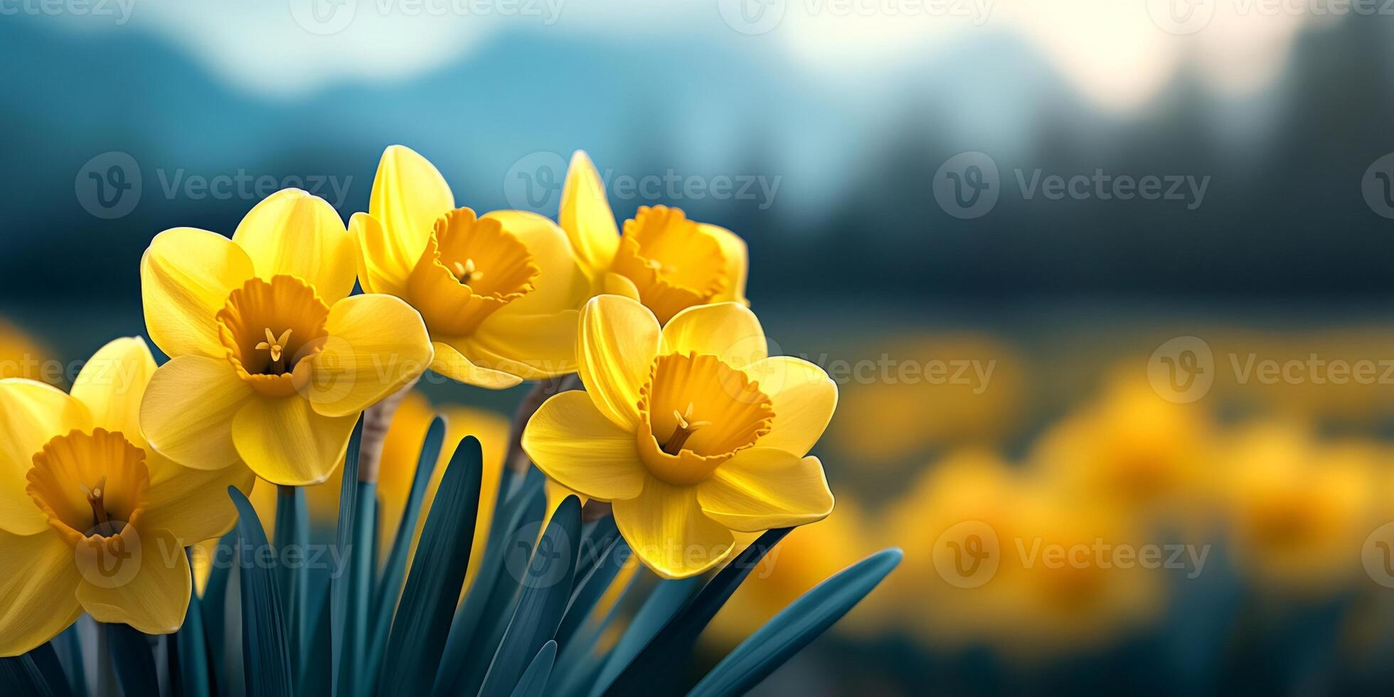 Yellow daffodils blooming in spring field with blurred background photo
