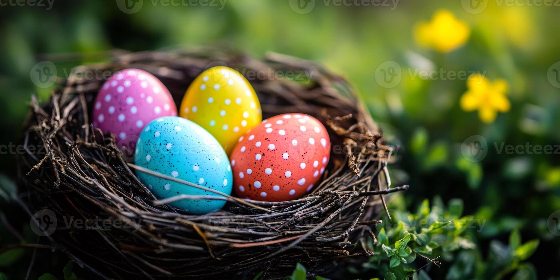 Colorful easter eggs resting in a bird's nest amidst lush green grass photo