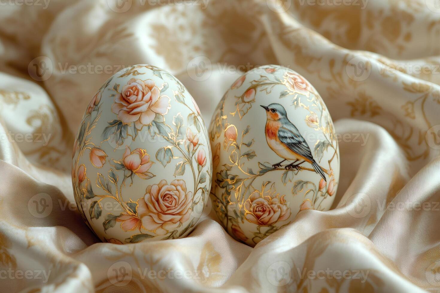 Easter eggs decorated with gold and flowers resting on silk fabric photo