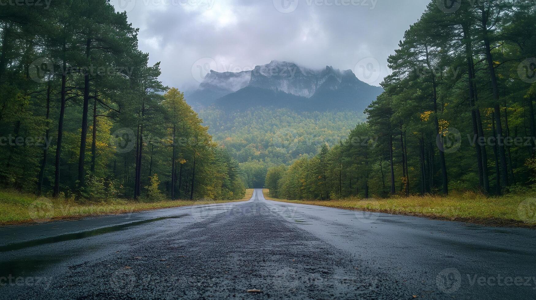 Wet asphalt road leading to misty mountain through autumn forest photo