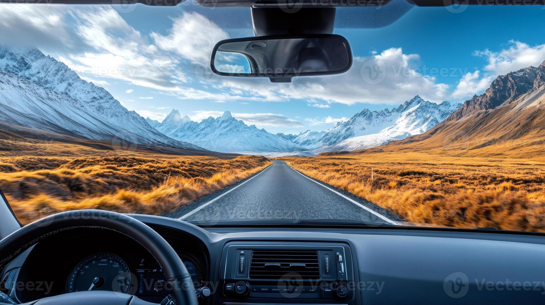 Driving a car through snowy mountains on a scenic road trip photo