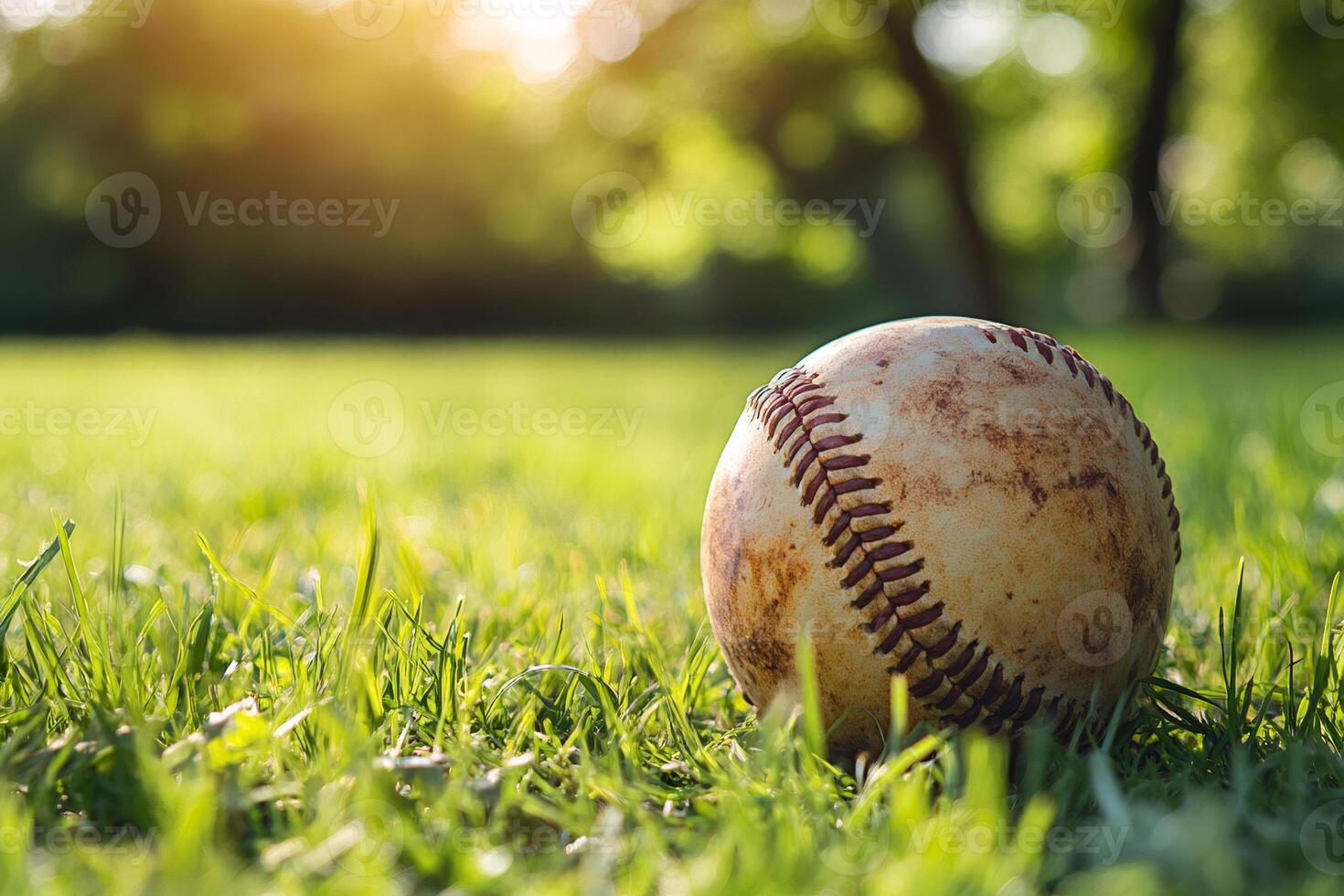 Old baseball resting on lush green grass in warm sunlight photo