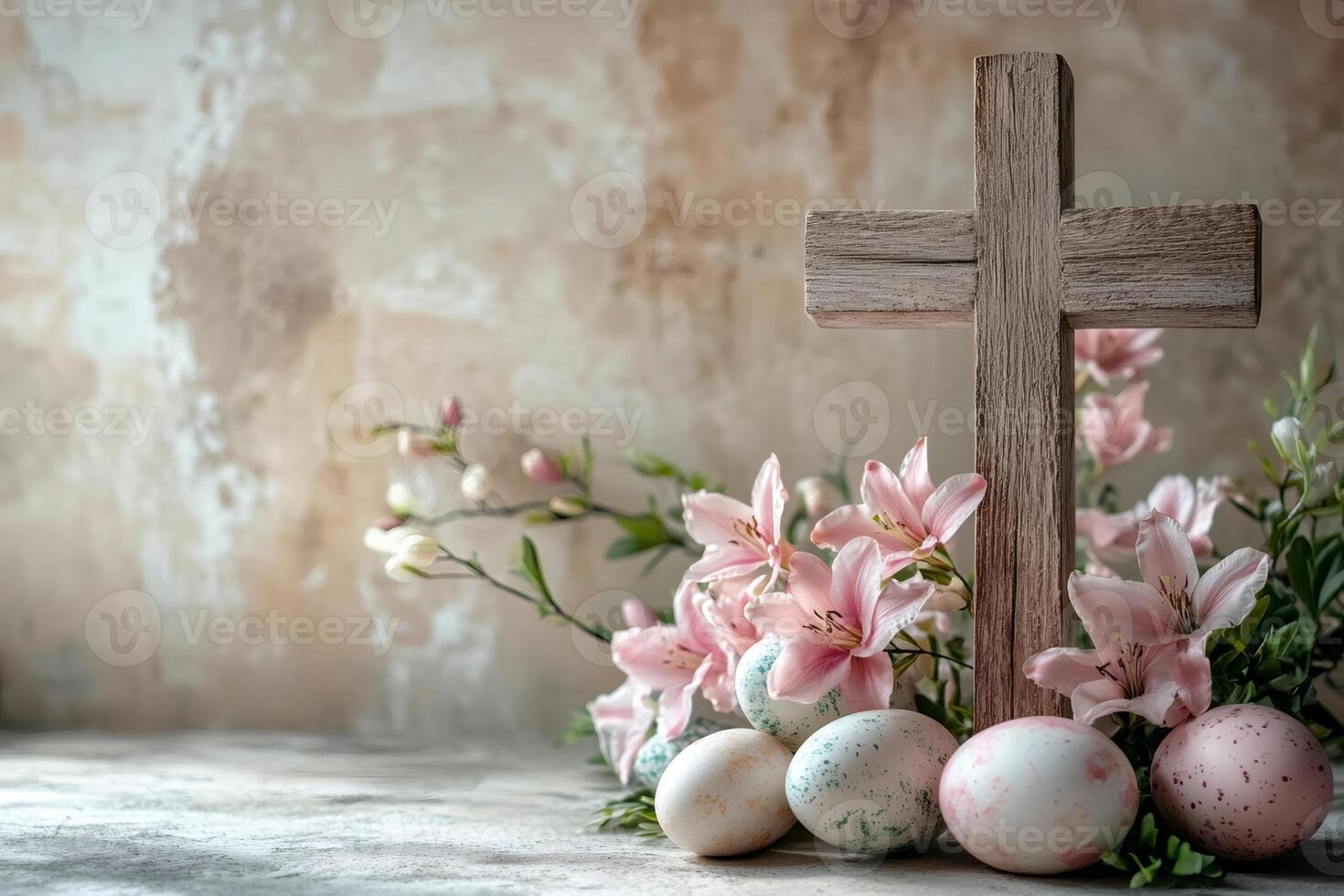 Easter eggs, lilies, and wooden cross celebrating resurrection of jesus christ photo